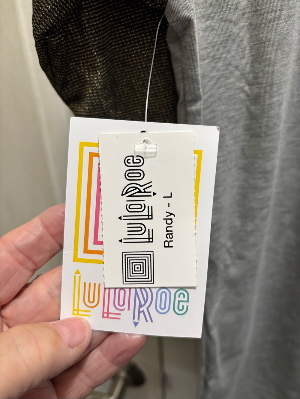 LuLaRoe Gray Tee with Metallic Olive-Gold Sleeves - Picture 2 of 7